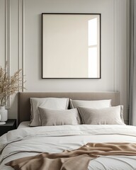 Contemporary Bedroom Interior with Modern Frame Mockup in White Minimalist Decor