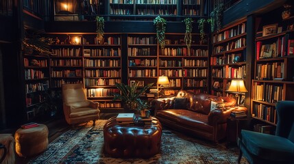 A cozy library with leather furniture, book shelves, and lamps.