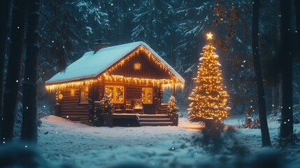 A wooden cabin in the forest, covered in snow, with warm yellow lights strung around the roof and a decorated Christmas tree out front.