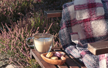 Cup of cappuccino and macarons cookies in front yard on sunny day in autumn. Seasons and lifestyle. Nice time to relax and enjoy rest. 