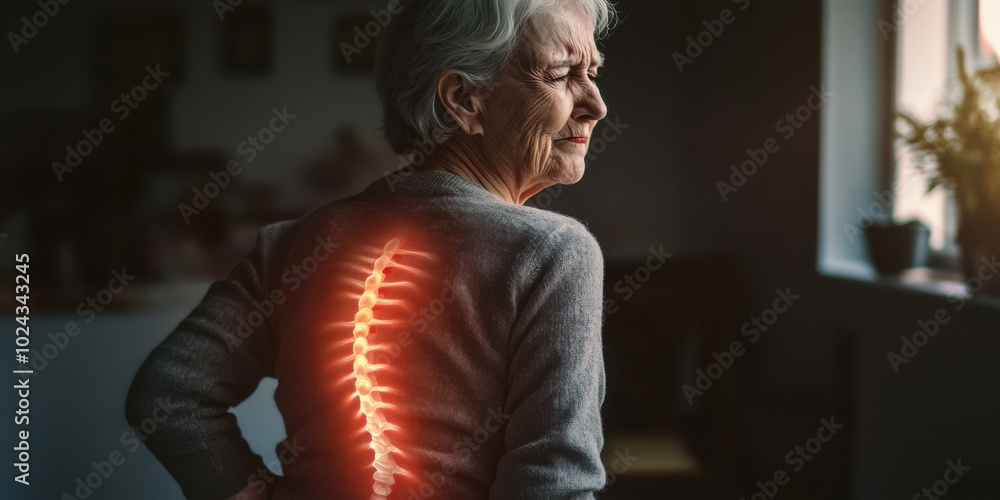 Wall mural an elderly woman clutching her lower back in discomfort, with a subtle visual representation