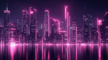 Fototapeta premium Futuristic Cityscape in Neon Glow. Contemporary Metropolis with Pink and Yellow Illuminated Skyscrapers