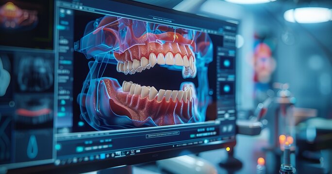 Showing its cutting-edge capabilities and user interface, a close-up of sophisticated dental smile design software on a computer screen, Generative AI.