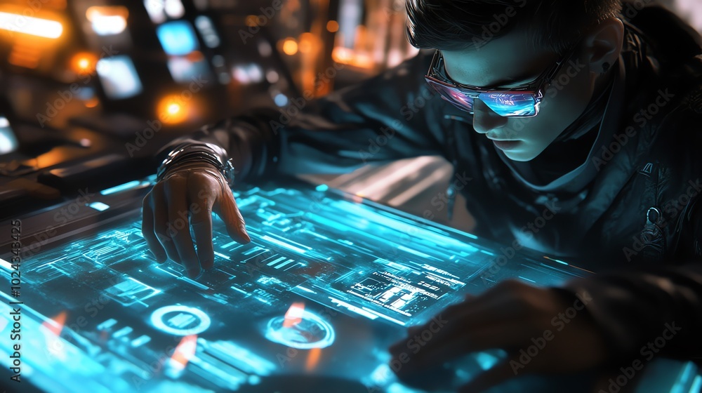 Poster a futuristic hacker in a dark room, using a glowing touchscreen interface.