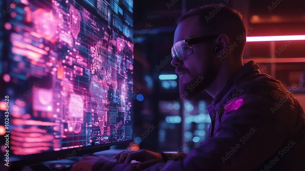 Poster a man in a futuristic outfit stares intently at a computer screen displaying a digital world map.