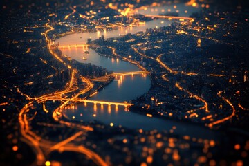 Obraz premium An expansive aerial view of a city at night with illuminated orange lines representing roads