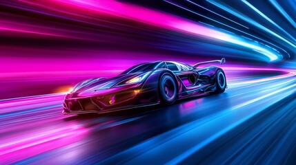 A sleek, futuristic sports car speeds through a glowing neon tunnel.