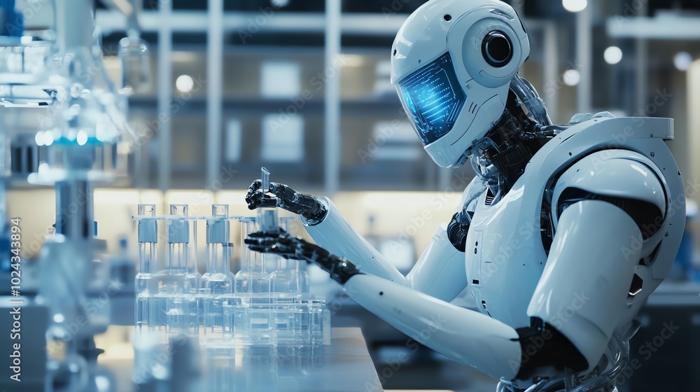 Aufkleber a white humanoid robot is conducting a science experiment in a laboratory.