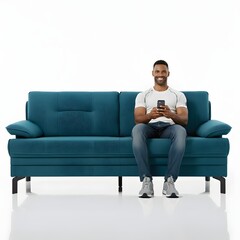 Obraz premium A casually dressed man sitting on a modern blue sofa, holding a smartphone and smiling, with a plain white background. Ideal for tech, lifestyle, and home decor themes