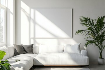 Minimalist Living Room Design with White Poster in Corner View
