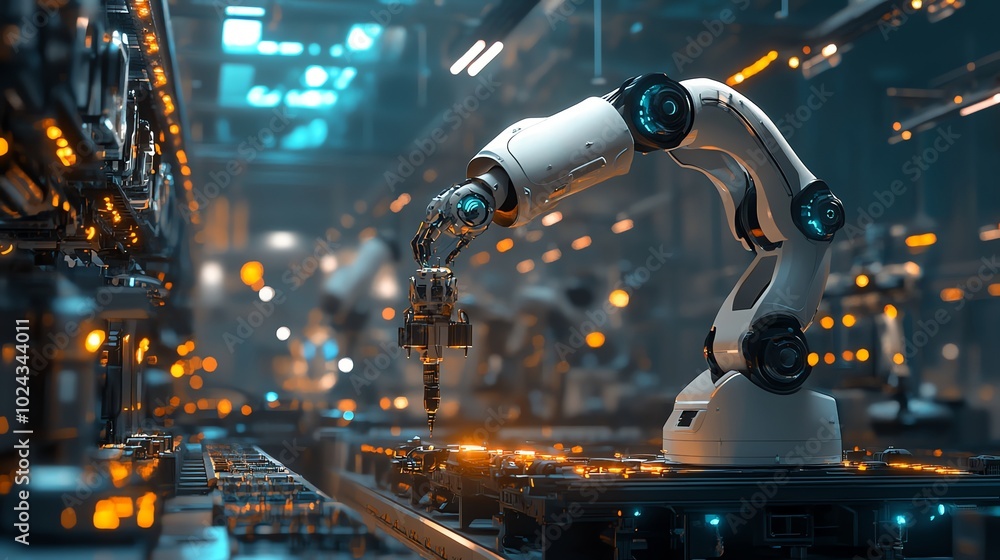 Poster a robotic arm working on an assembly line in a futuristic factory.