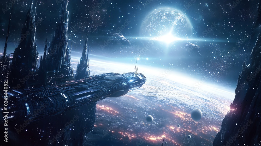 Poster a futuristic spaceship hovers over a distant planet with multiple moons.