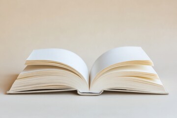 An open, thick book placed on a simple beige surface. The white pages are blank, catching soft