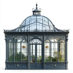 A beautifully designed glass greenhouse with intricate details and lush plants inside.