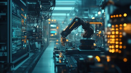 Naklejka premium A robotic arm on a factory floor, working with advanced technology.