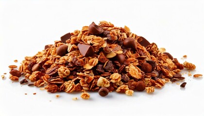 Crunchy granola, muesli pile with chocolate isolated on white background, side view