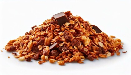 Obraz premium Crunchy granola, muesli pile with chocolate isolated on white background, side view