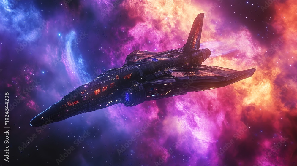 Canvas Prints a futuristic spaceship flies through a colorful nebula in space.