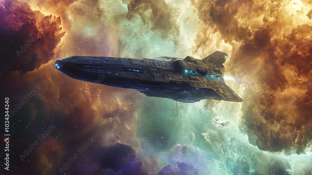 Canvas Prints a futuristic spaceship flying through a colorful nebula.