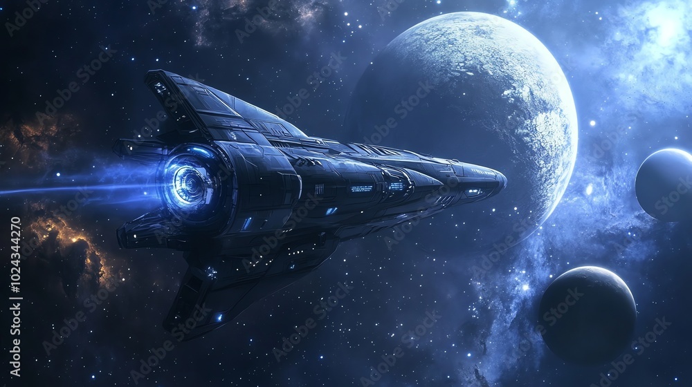 Poster a futuristic spaceship flies through a field of stars and planets in deep space.