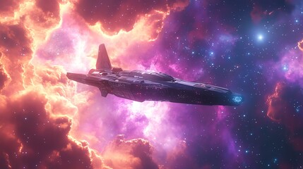 Obraz premium A lone spaceship travels through a vast and colorful nebula, its destination unknown.
