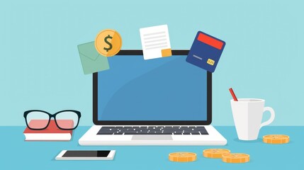 Laptop workspace with finances: dollar coin, credit card, envelope, eyeglasses, smartphone, coffee cup