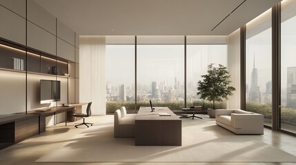 Fototapeta premium A modern office space with large windows overlooking a city skyline.