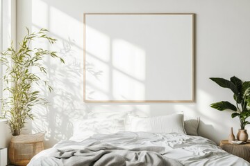 Contemporary Bedroom Interior with Blank Canvas Poster and City View
