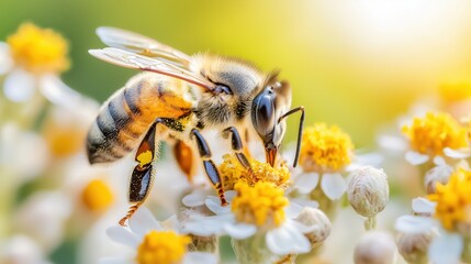 Honeybee Macro: Vibrant Pollen Collection in Sunlit Flower