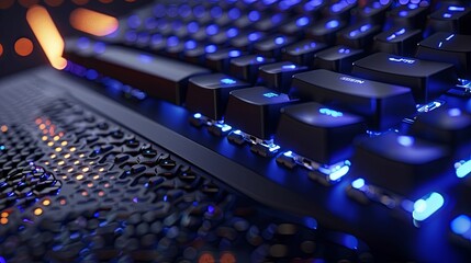 Close-up of a Black Gaming Keyboard with Blue Backlighting