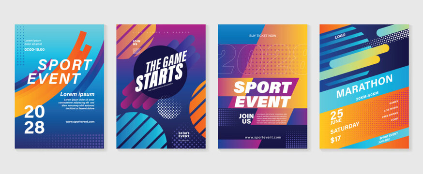 Sport event poster design background vector set. Sport cover template with vibrant abstract gradient geometric shape and dot halftone. Ideal design for social media, flyer, promotion, card.