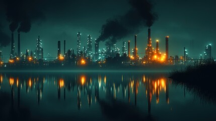 Naklejka premium An industrial complex at night with smoke stacks spewing out black smoke, reflected in the water.