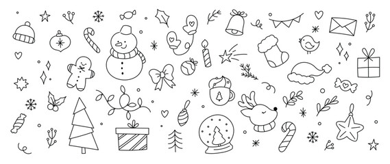 Merry Christmas and winter season doodle vector. Set of snowman, sweater, gingerbread, santa, cake, gloves, sock, gift, reindeer. Winter festival and holiday collection for kids, decorative.