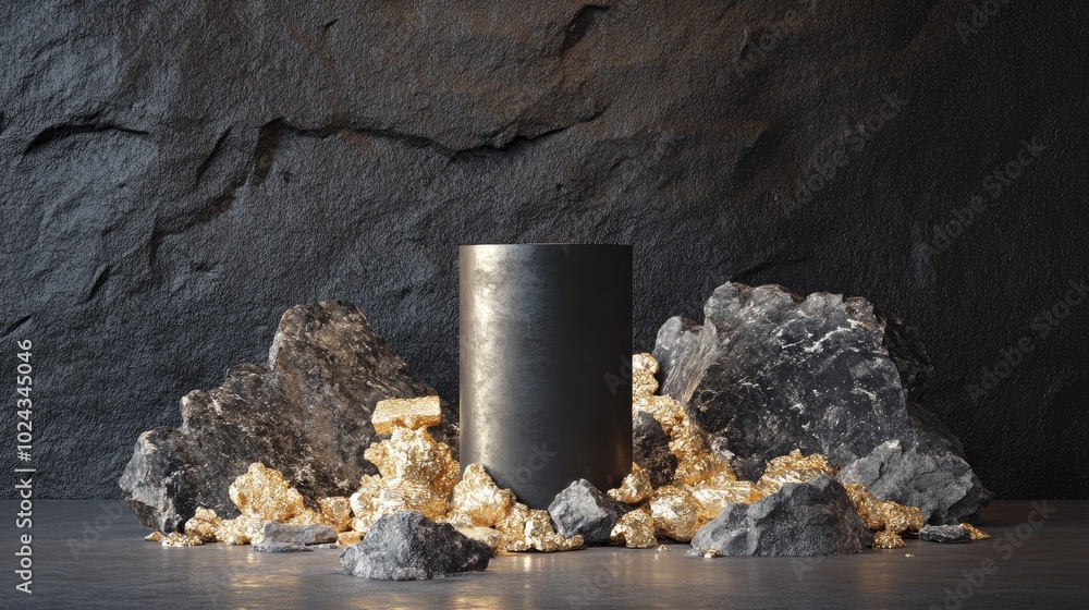 Poster 3D render featuring an abstract backdrop of dark cobblestone remnants fragmented stones and gold nuggets Contemporary minimalist display scene with a vacant cylindrical pedestal for product showca
