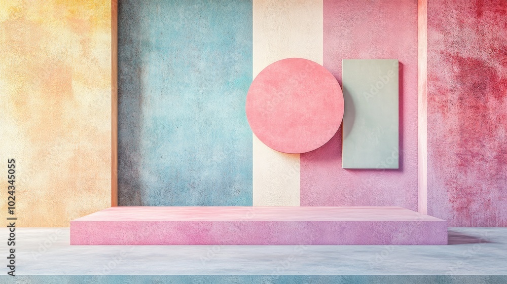 Aufkleber 3D rendering of a contemporary mock up featuring an abstract geometric background a blank template and a minimalistic empty showcase with primitive shapes in pastel colors