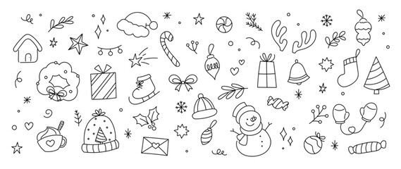 Merry Christmas and winter season doodle vector. Set of snowman, sweater, gingerbread, santa, cake, gloves, sock, gift, reindeer. Winter festival and holiday collection for kids, decorative.