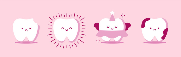 Set of healthy tooth and bad caries teeth. Cartoon teeth care and hygiene concept. Treatment and hygiene. Oral care. Healthy and clean tooth sparkles, Sick tooth with caries. Flat vector illustration