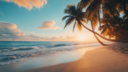 Fototapeta premium A beautiful sunset over a tropical beach with palm trees and golden sand.