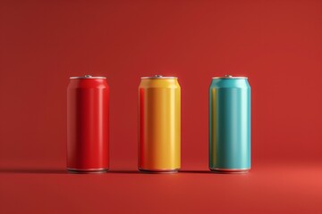 Fototapeta premium Three vintage aluminum beer cans in various colors arranged on a red background in a studio setting, suitable for a web banner or template, rendered in 3D, Generative AI.