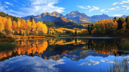 Obraz premium Stunning mountain lake reflection with fall foliage.