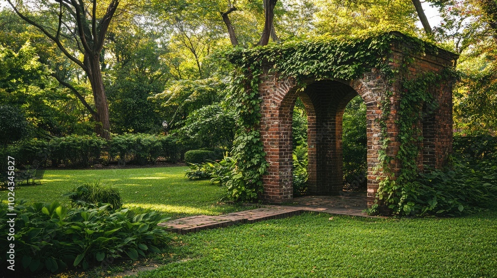 Poster charming brick structure surrounded by greenery in a park setting