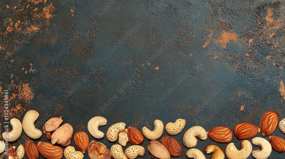 Poster Assorted nuts arranged in a row on a dark stone surface creating a textured background with ample space for text