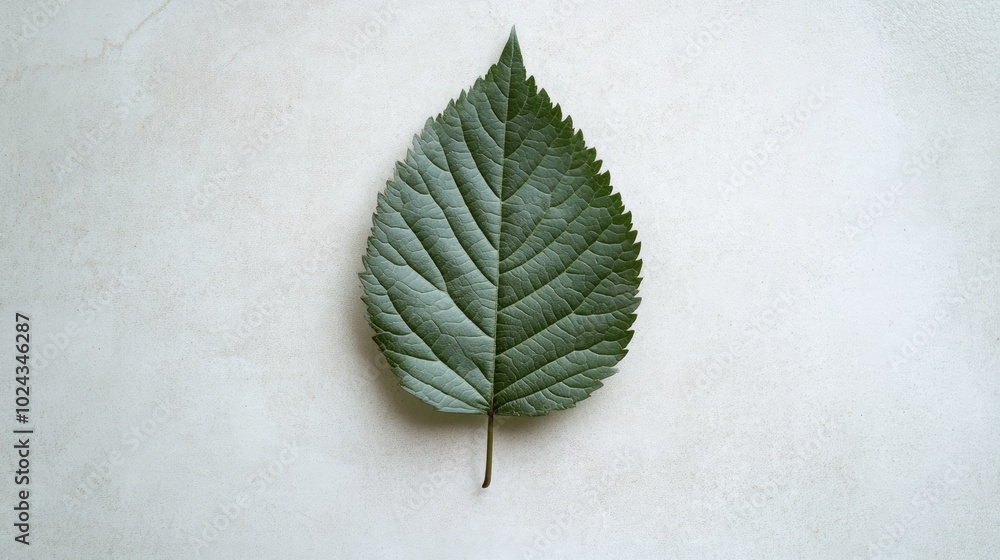 Wall mural A single green leaf on a plain, white surface, capturing the essence of simplicity and natural beauty.