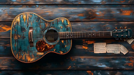 A vintage acoustic guitar with a distressed blue and orange finish lies on a rustic wooden background with old sheet music scattered nearby.