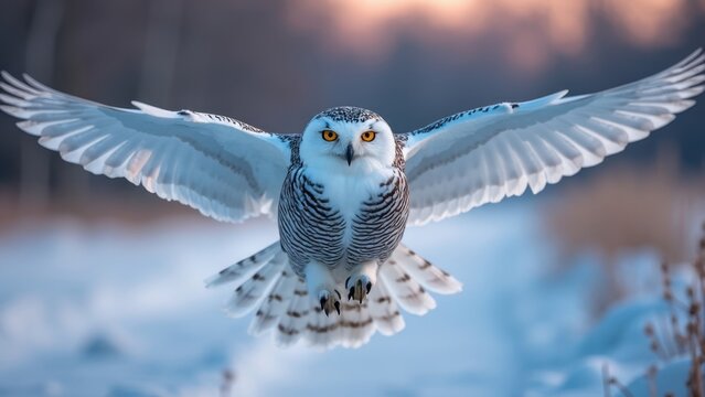 Majestic Snowy Owl Gliding Over Winter Wilderness at Dusk - Stunning Bird of Prey in Snow-Covered Landscape