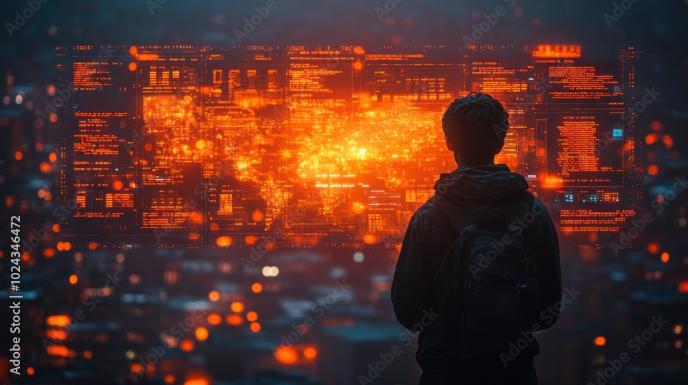 Poster a young person stands in front of a large screen displaying a glowing world map with digital data.