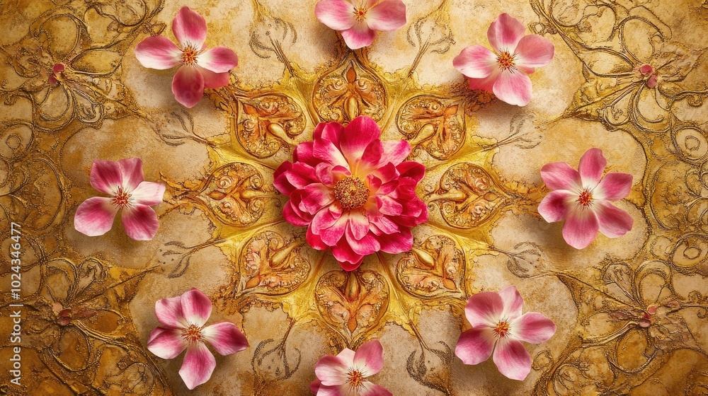 Poster ceiling artwork featuring golden patterns pink flowers and petals digital collage mural and fresco d
