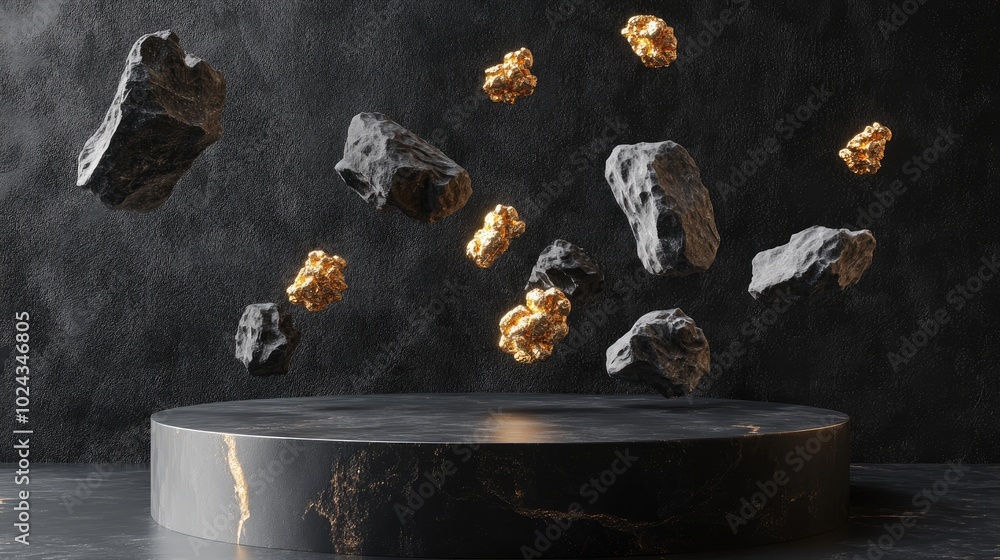 Aufkleber 3D render of an abstract background featuring black rock cobblestone ruins and golden nuggets in a floating arrangement Minimalist display with an empty podium for showcasing products