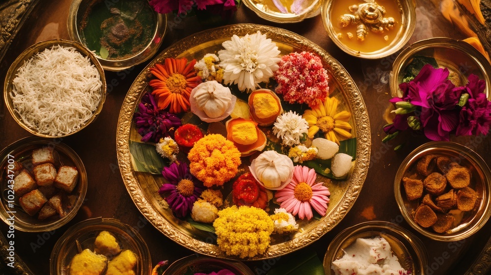 Sticker A traditional thali (plate) filled with offerings like sweets, flowers, and incense for Diwali puja.