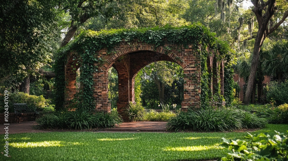 Poster Charming Brick Structure Surrounded by Greenery in a Park Setting